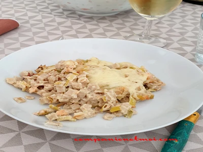 Gratin de crozets à la fondue de poireau et au saumon fumé