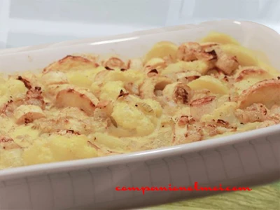 Gratin de pommes de terre chou-fleur et cœurs de palmiers