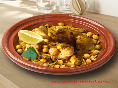Tajine de poulet aux olives et pois chiches